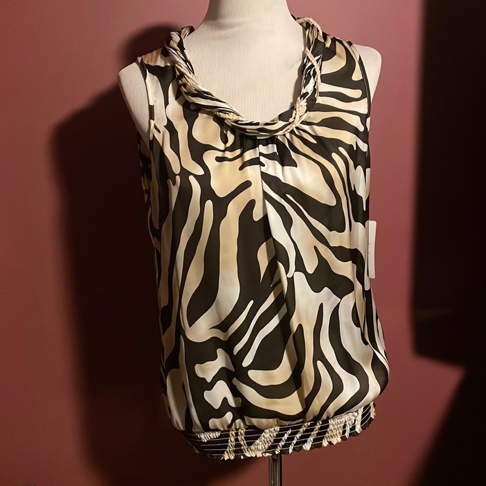Plisse Animal Print Style Sleeveless Blouse Medium New